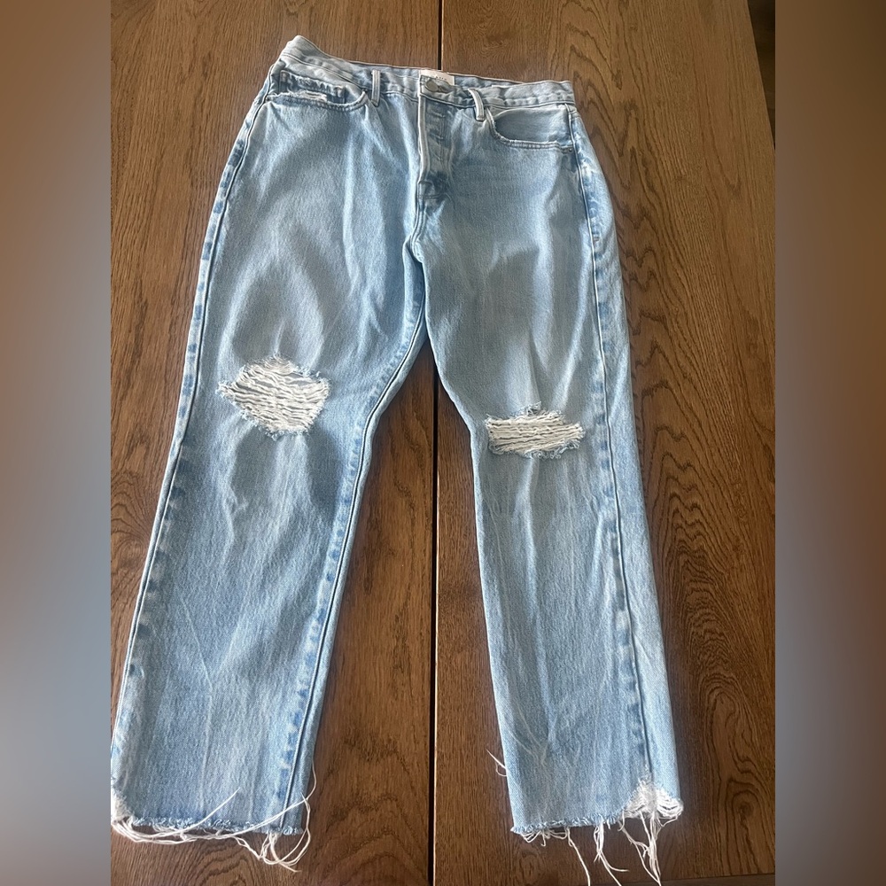 Light Wash FRAME Distressed Straight Leg Jeans